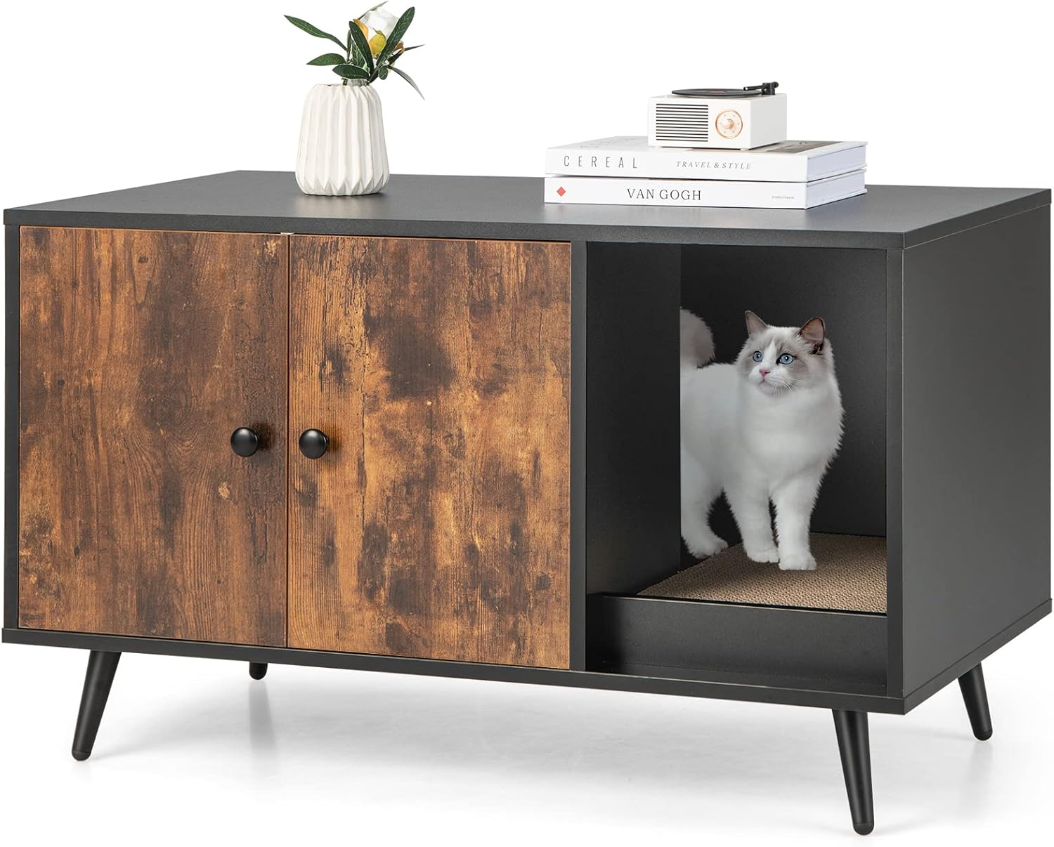 Mobile Lettiera Per Gatti In Legno - Con Porta, Fori Di Ventilazione, Multiuso, Marrone Vintage - Foto 7