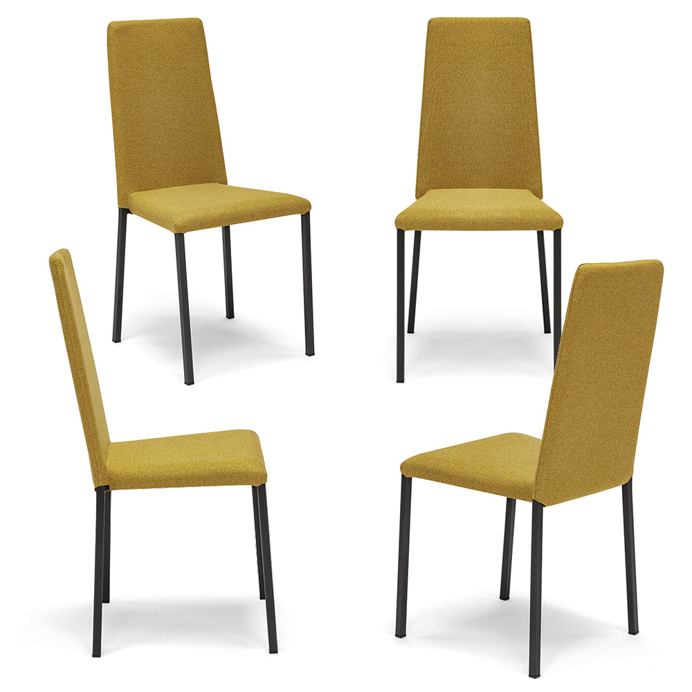 Set 4 sedie imbottita modello BETTY STYLE per interni, design moderno, gambe quadre in metallo, schienale e seduta rivestiti con tessuto morbido al tatto Senape