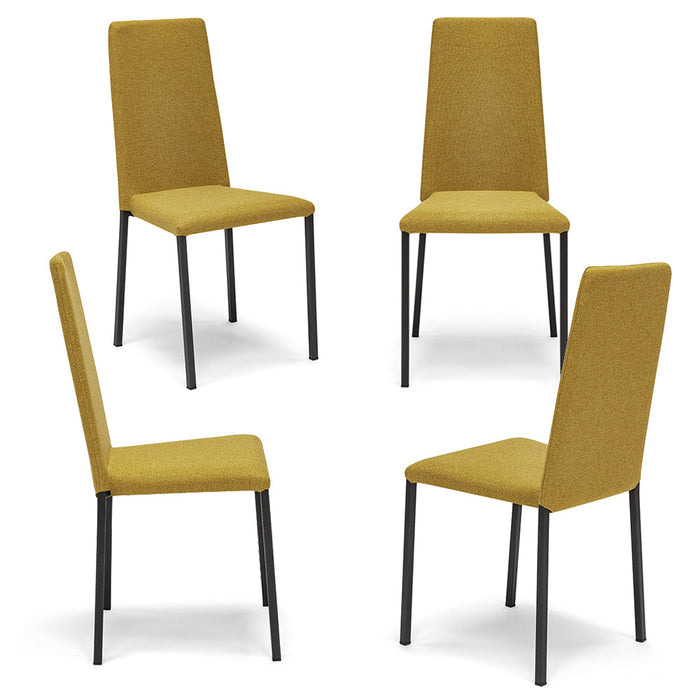 Set 4 sedie imbottita modello BETTY STYLE per interni, design moderno, gambe quadre in metallo, schienale e seduta rivestiti con tessuto morbido al tatto Senape
