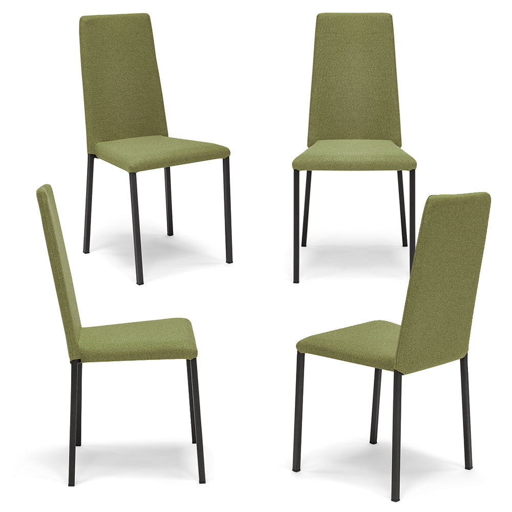 Set 4 sedie imbottita modello BETTY STYLE per interni, design moderno, gambe quadre in metallo, schienale e seduta rivestiti con tessuto morbido al tatto Verde Oliva