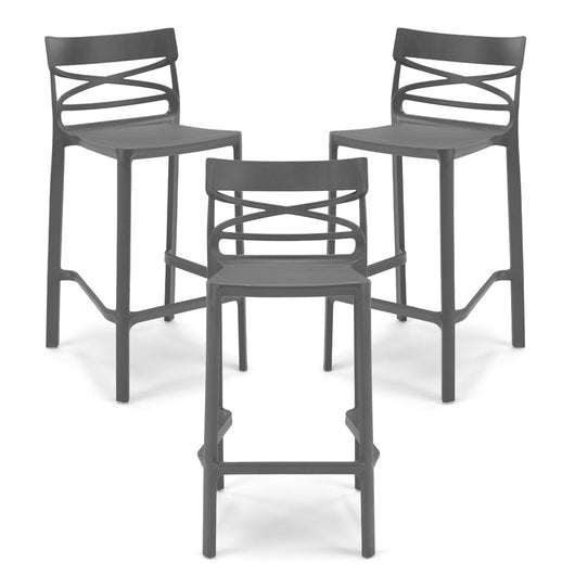 Set 3 Sgabelli Grigio Meta in polipropilene FLOW con poggiapiedi H65, MADE IN ITALY, resistente ai raggi UV, design moderno, ideale per sala da pranzo, cucina, bar, ristoranti o giardino