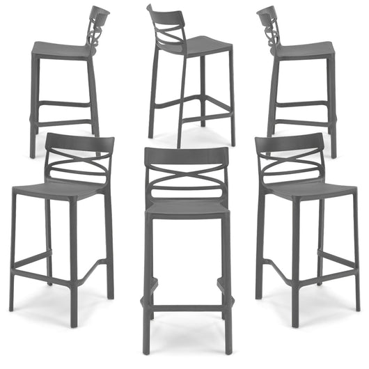 Set 6 Sgabelli Grigio Metal in polipropilene FLOW con poggiapiedi H65, MADE IN ITALY, resistente ai raggi UV, design moderno, ideale per sala da pranzo, cucina, bar, ristoranti o giardino