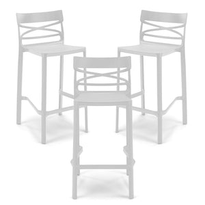 Set 3 Sgabelli Bianchi in polipropilene FLOW con poggiapiedi H65, MADE IN ITALY, resistente ai raggi UV, design moderno, ideale per sala da pranzo, cucina, bar, ristoranti o giardino