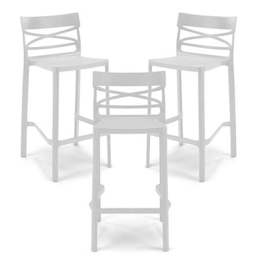 Set 3 Sgabelli Bianchi in polipropilene FLOW con poggiapiedi H65, MADE IN ITALY, resistente ai raggi UV, design moderno, ideale per sala da pranzo, cucina, bar, ristoranti o giardino