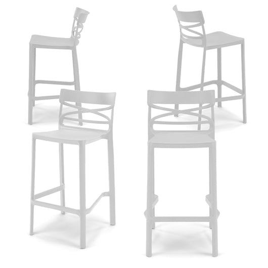 Set 4 Sgabelli Bianchi in polipropilene FLOW con poggiapiedi H65, MADE IN ITALY, resistente ai raggi UV, design moderno, ideale per sala da pranzo, cucina, bar, ristoranti o giardino