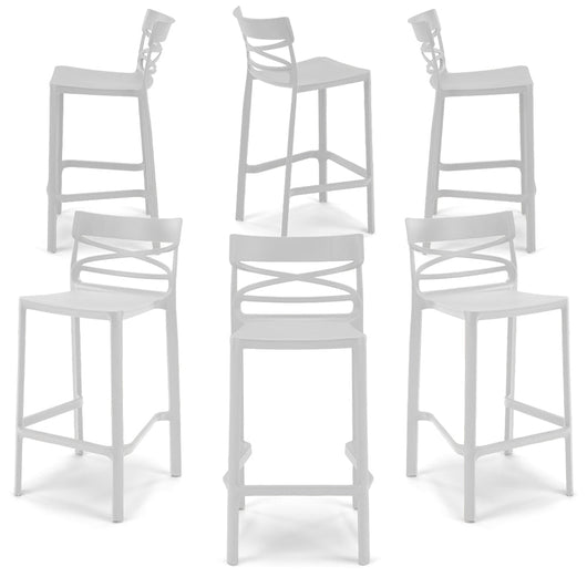 Set 6 Sgabelli Bianchi in polipropilene FLOW con poggiapiedi H65, MADE IN ITALY, resistente ai raggi UV, design moderno, ideale per sala da pranzo, cucina, bar, ristoranti o giardino