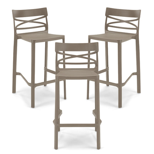 Set 3 sgabelli in polipropilene FLOW altezza seduta 65cm, impilabile, idrorepellente, resistente ai raggi UV, design moderno e innovativo, ideale per la cucina, la veranda o giardino colore Tortora
