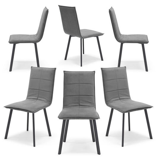 Set 6 sedie Imbottite MARILU', Base quadra in metallo, ideale per sala da pranzo, soggiorno, ufficio, sale d'attesa, tessuto trapuntato a rettangoli colore Grigio, Design moderno