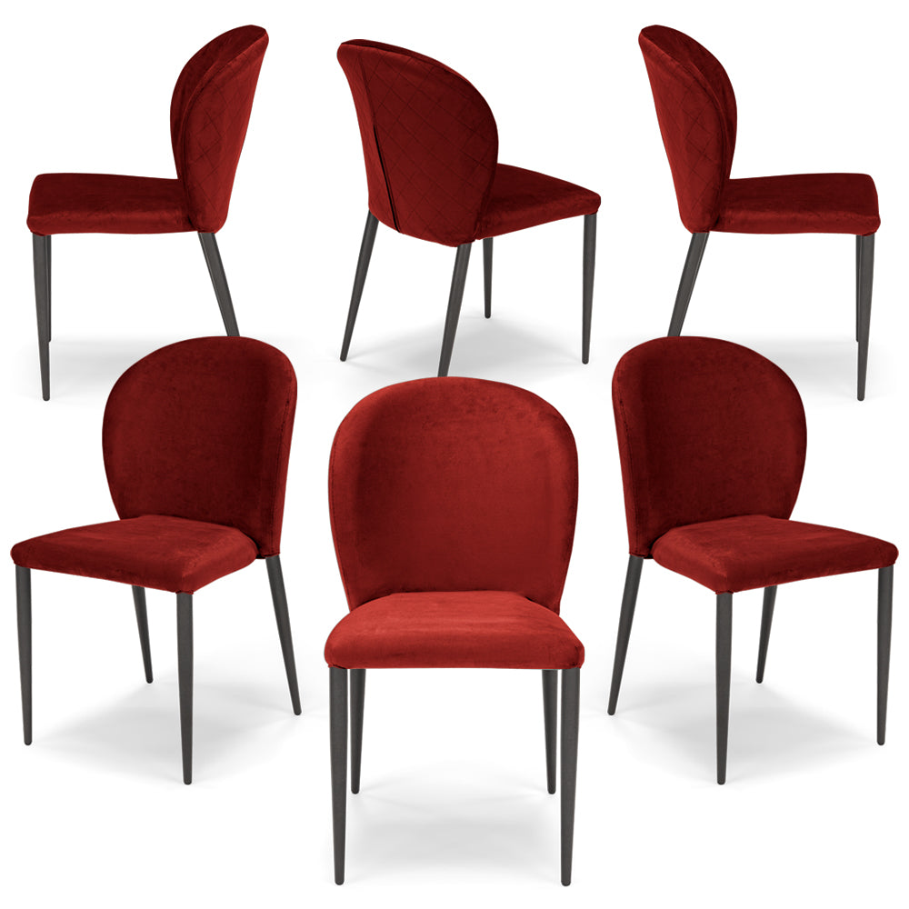 Set 6 sedie da pranzo imbottite in velluto GHIBLI LUX MADE IN ITALY, schienale a poltroncina, gambe robuste in metallo, design moderno, tessuto idrorepellente, colore Rosso