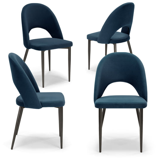 Set 4 sedie imbottite per sala da pranzo SOLE, MADE IN ITALY, design moderno, rivestimento in tessuto morbido velluto idrorepellente, colore Blu Notte, gambe coniche robuste in metallo