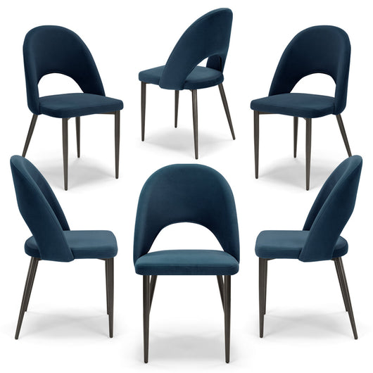 Set 6 sedie imbottite per sala da pranzo SOLE, MADE IN ITALY, design moderno, rivestimento in tessuto morbido velluto idrorepellente, colore Blu Notte, gambe coniche robuste in metallo