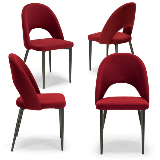 Set 4 sedie imbottite per sala da pranzo SOLE, MADE IN ITALY, design moderno, rivestimento in tessuto morbido velluto idrorepellente, colore Rosso, gambe coniche robuste in metallo