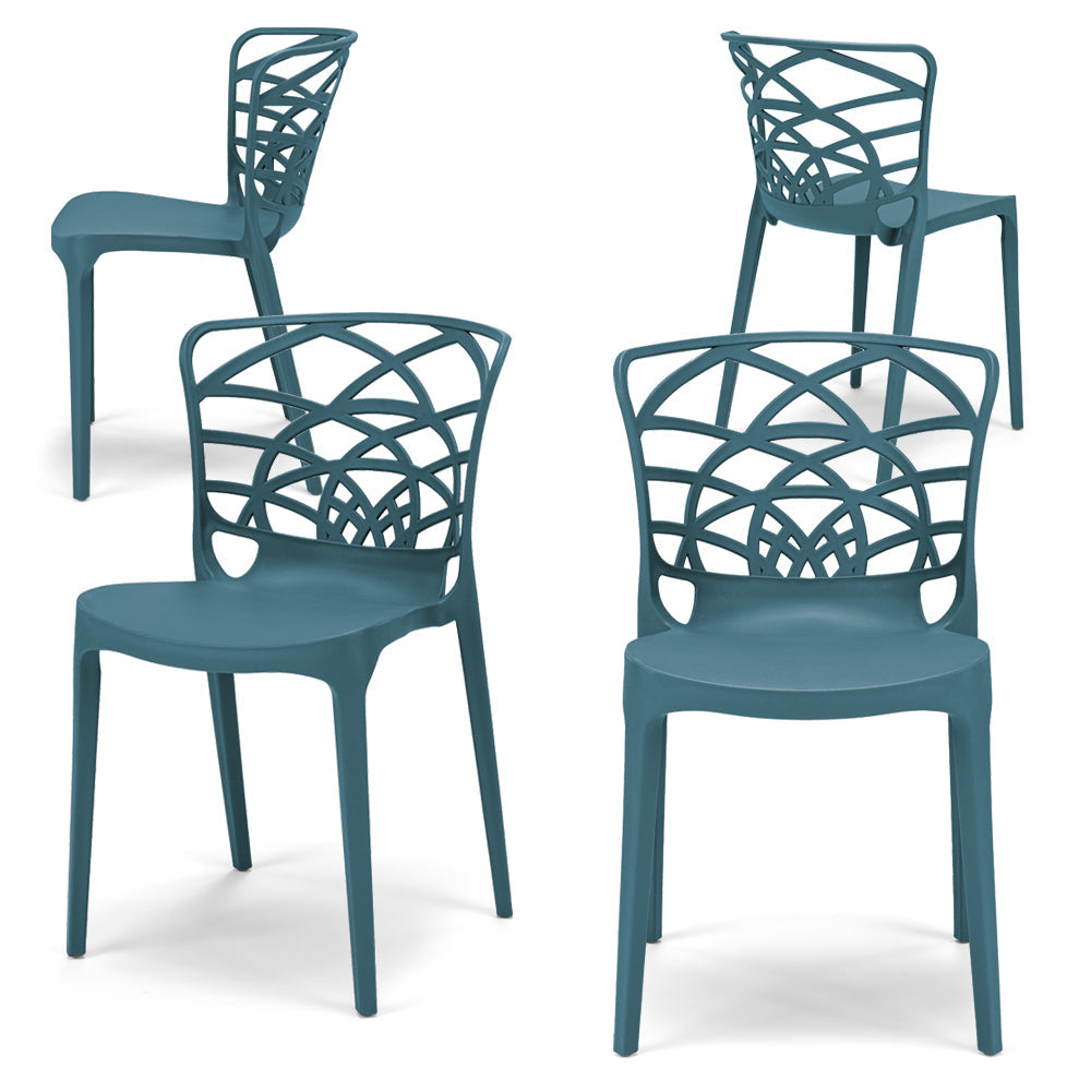Set 4 sedie in polipropilene ARMONIA, impilabile, resistente ai raggi UV, design moderno, ideale per sala da pranzo, cucina, sala d’attesa, bar, ristoranti o giardino, colore Avio