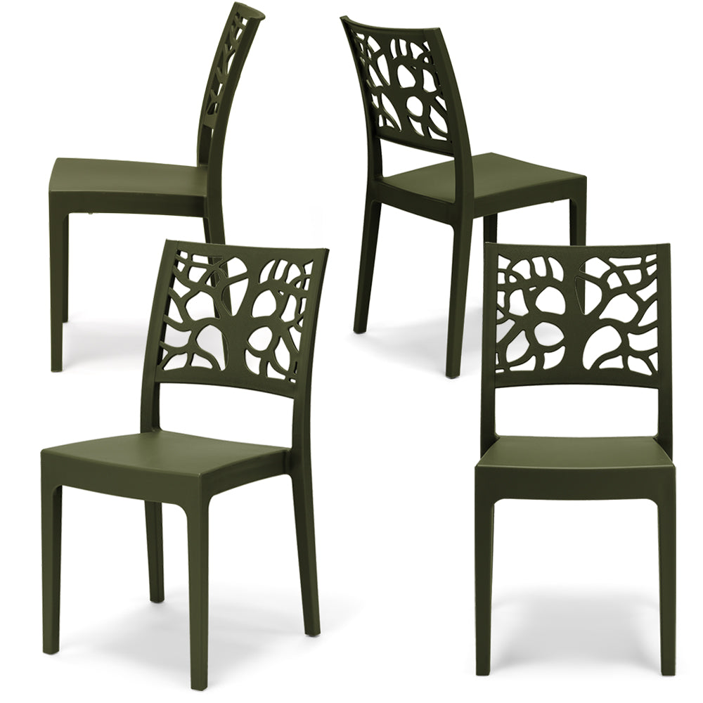 Set 4 sedie in polipropilene TETI, impilabile, resistente ai raggi UV, design moderno, ideale per sala da pranzo, cucina, sala d’attesa, bar, ristoranti o giardino, colore Verde Oliva