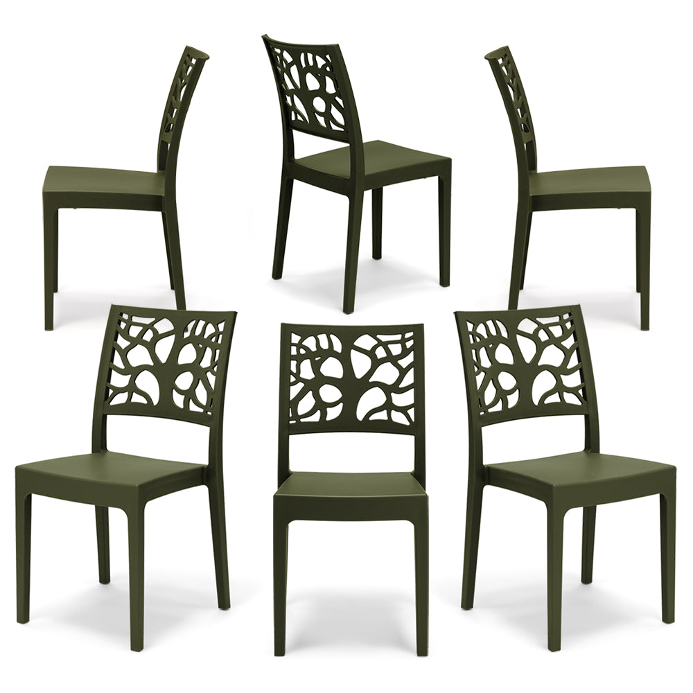 Set 6 sedie in polipropilene TETI, impilabile, resistente ai raggi UV, design moderno, ideale per sala da pranzo, cucina, sala d’attesa, bar, ristoranti o giardino, colore Verde Oliva