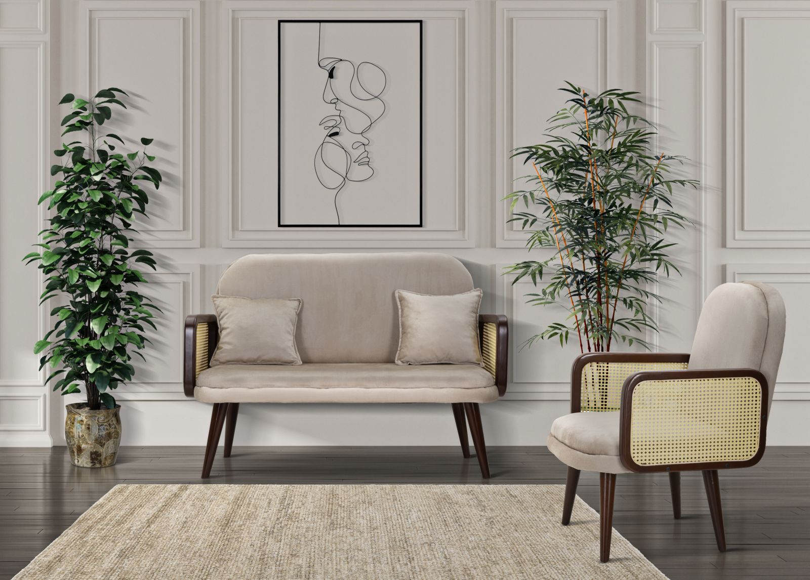 Poltrona in tessuto beige con braccioli in legno cm 77x80x93