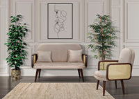 Poltrona in tessuto beige con braccioli in legno cm 77x80x93