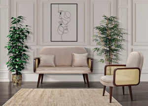 Poltrona in tessuto beige con braccioli in legno cm 77x80x93