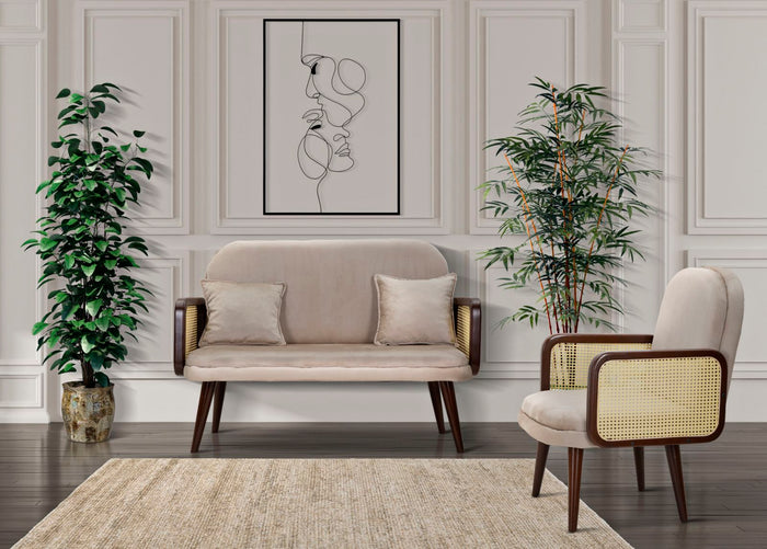 Poltrona in tessuto beige con braccioli in legno cm 77x80x93