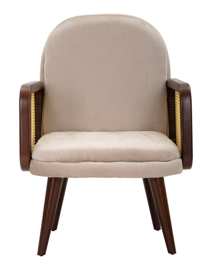 Poltrona in tessuto beige con braccioli in legno cm 77x80x93