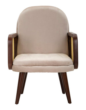 Poltrona in tessuto beige con braccioli in legno cm 77x80x93