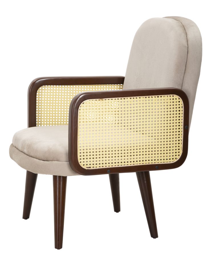 Poltrona in tessuto beige con braccioli in legno cm 77x80x93