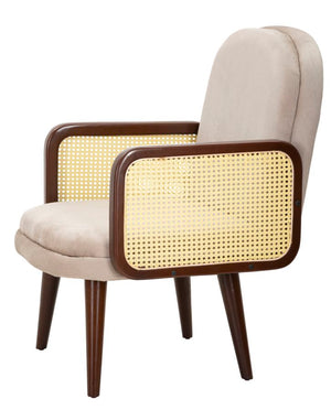 Poltrona in tessuto beige con braccioli in legno cm 77x80x93