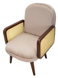 Poltrona in tessuto beige con braccioli in legno cm 77x80x93