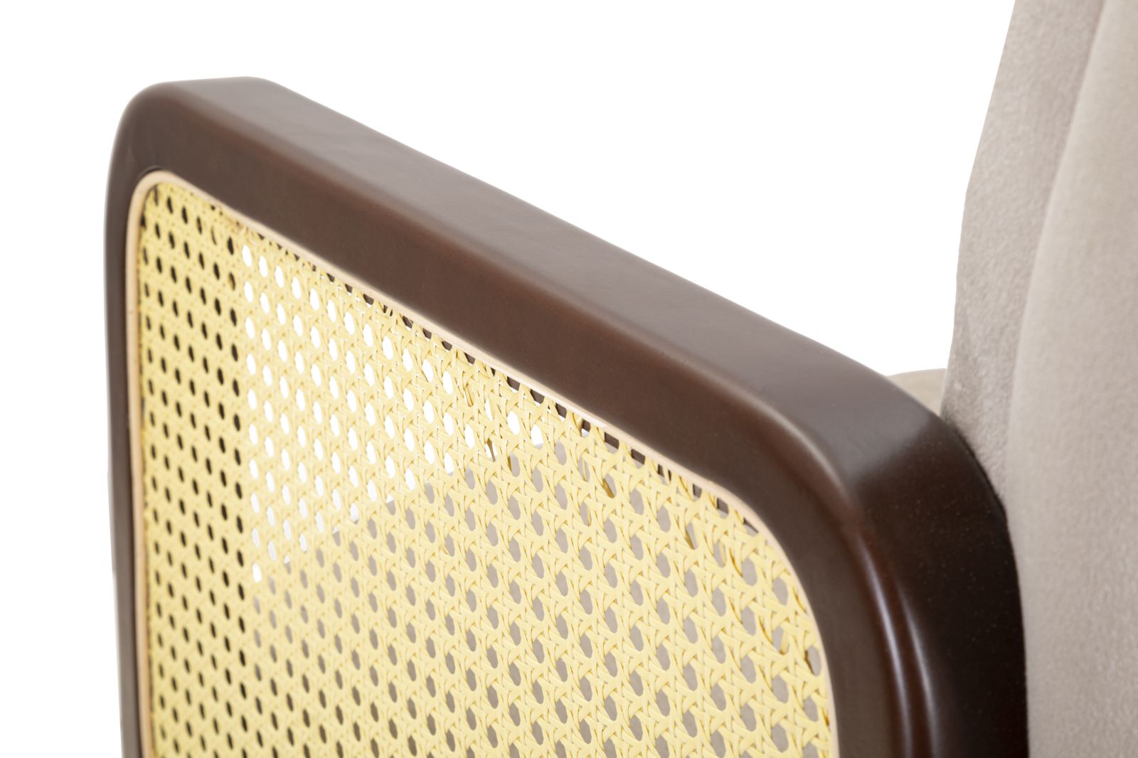 Poltrona in tessuto beige con braccioli in legno cm 77x80x93