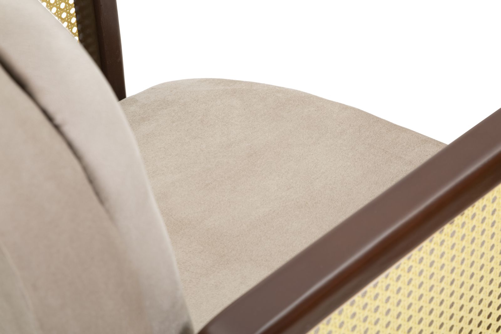 Poltrona in tessuto beige con braccioli in legno cm 77x80x93