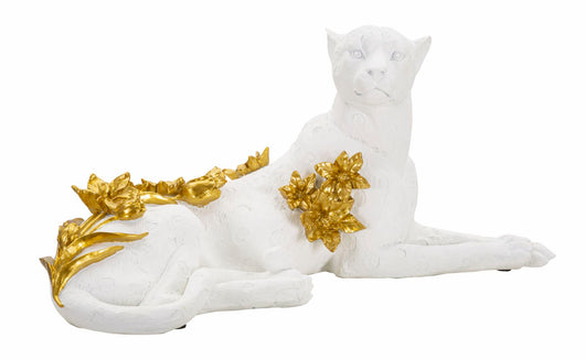 Leopardo in resina bianco e dorato cm 53x21,5x24