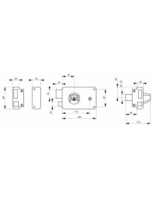 Serratura orizzontale da applicare doppio cilindro con quadro maniglia, sinistra, asse 55mm, 140x88mm, nero, 3 chiavi - THIRARD