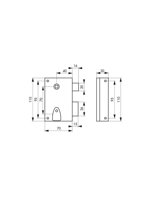Serratura verticale da applicare con quadro maniglia 7mm, destra, asse 40mm, 110x70mm, nero, 2 chiavi - THIRARD