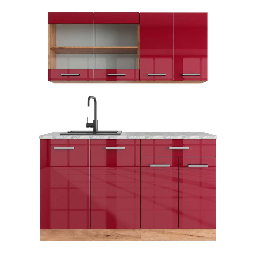 Vicco Cucina monoblocco Rosso lucido/rovere dorato 140 cm , PL Marmo