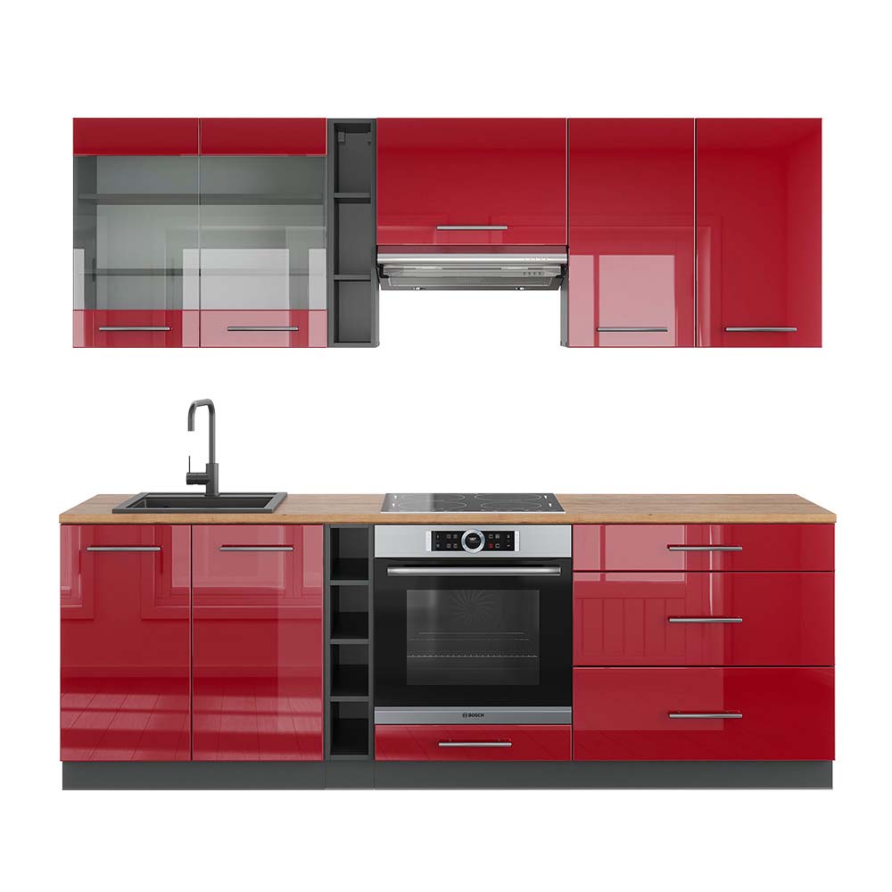 Vicco Cucina componibile Bordeaux lucido/antracite 235 cm , PL Rovere