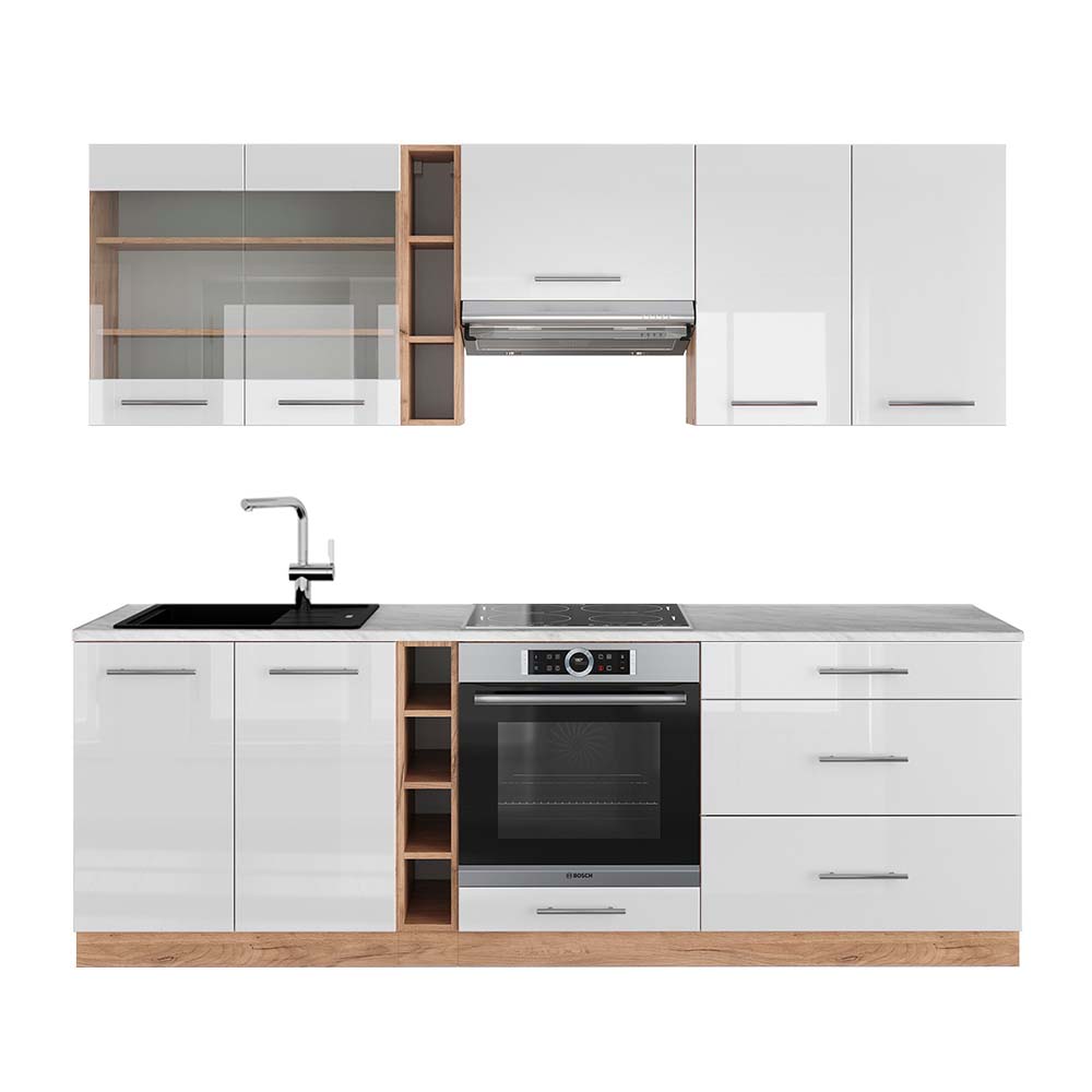 Vicco Cucina componibile Bianco lucido/oro power oak 235 cm , PL Marmo