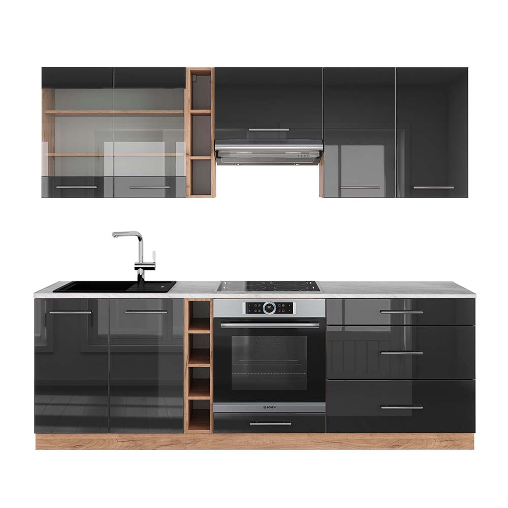 Vicco Cucina componibile Antracite lucido/oro power oak 235 cm , PL Marmo