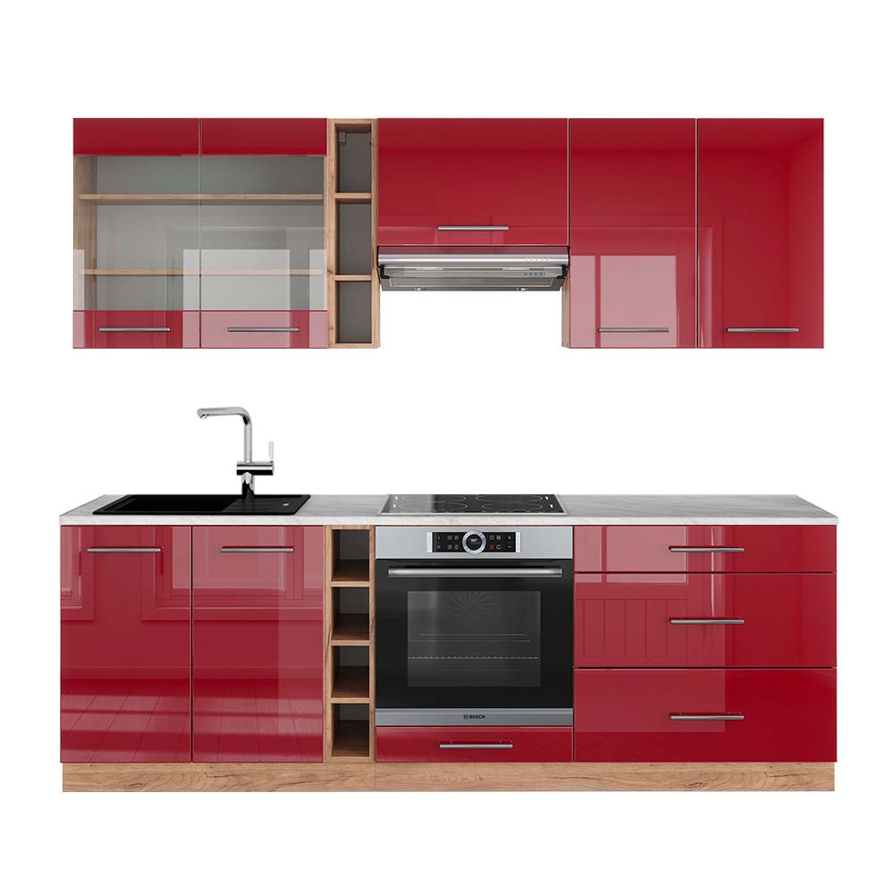 Vicco Cucina componibile Bordeaux lucido/rovere dorato 235 cm , PL Marmo