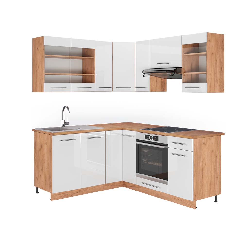 Vicco Cucina angolare completa Bianco lucido/oro power oak 160 x 190 cm , PL Rovere