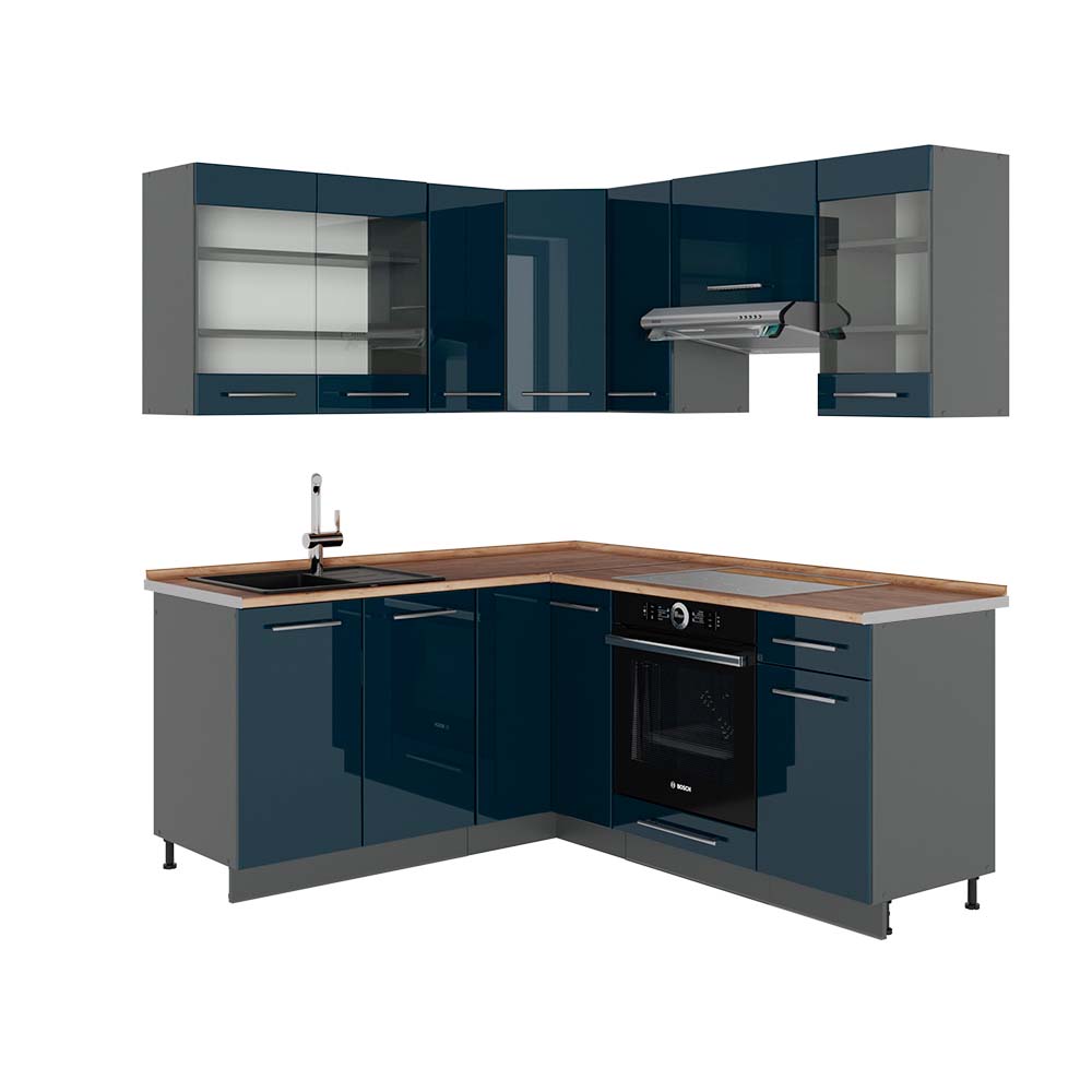 Vicco Cucina ad angolo Blu scuro lucido/antracite 160.5 x 190 cm , PL Rovere
