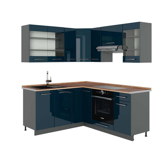 Vicco Cucina ad angolo Blu scuro lucido/antracite 160.5 x 190 cm , PL Rovere