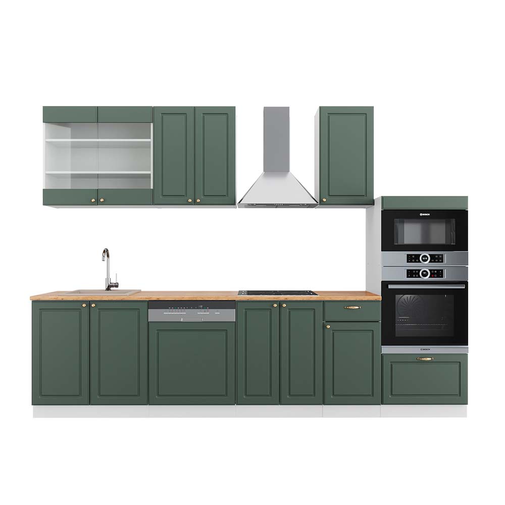 Vicco Cucina componibile Verde-oro Country House/Bianco 300 cm con armadio alto, PL Rovere
