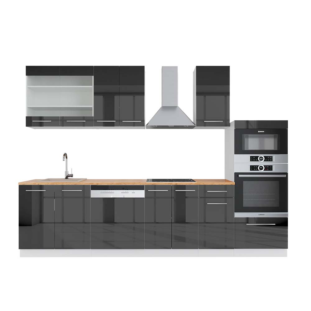 Vicco Cucina componibile Antracite lucido/bianco 300 cm con armadio alto, PL Rovere