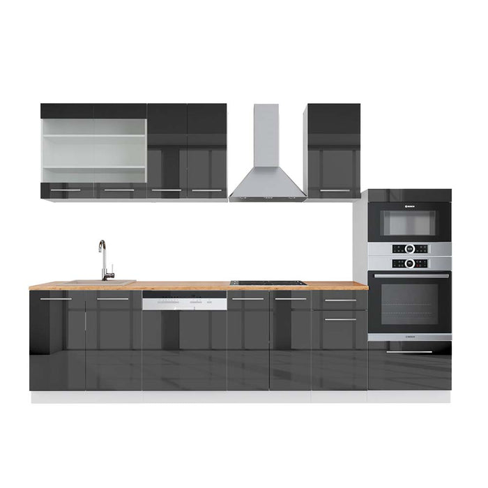 Vicco Cucina componibile Antracite lucido/bianco 300 cm con armadio alto, PL Rovere