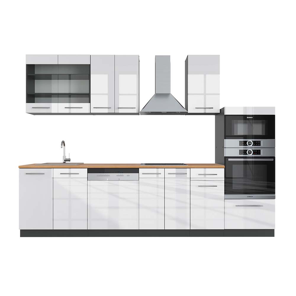 Vicco Cucina componibile Bianco lucido/antracite 300 cm con armadio alto, PL Rovere