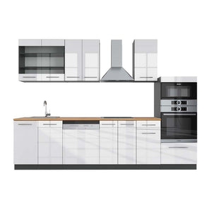 Vicco Cucina componibile Bianco lucido/antracite 300 cm con armadio alto, PL Rovere