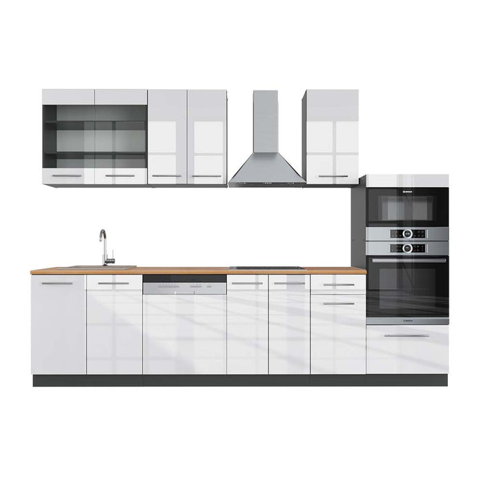 Vicco Cucina componibile Bianco lucido/antracite 300 cm con armadio alto, PL Rovere