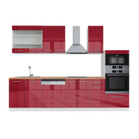 Vicco Cucina componibile Bordeaux lucido/bianco 300 cm con armadio alto, PL Rovere