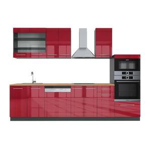 Vicco Cucina componibile Bordeaux lucido/antracite 300 cm con armadio alto, PL Rovere