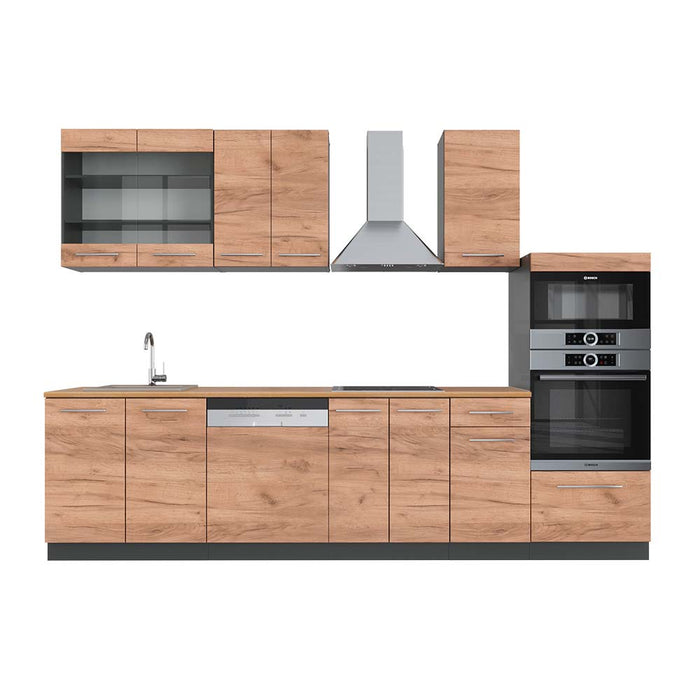 Vicco Cucina componibile Quercia dorata/antracite 300 cm con armadio alto, PL Rovere